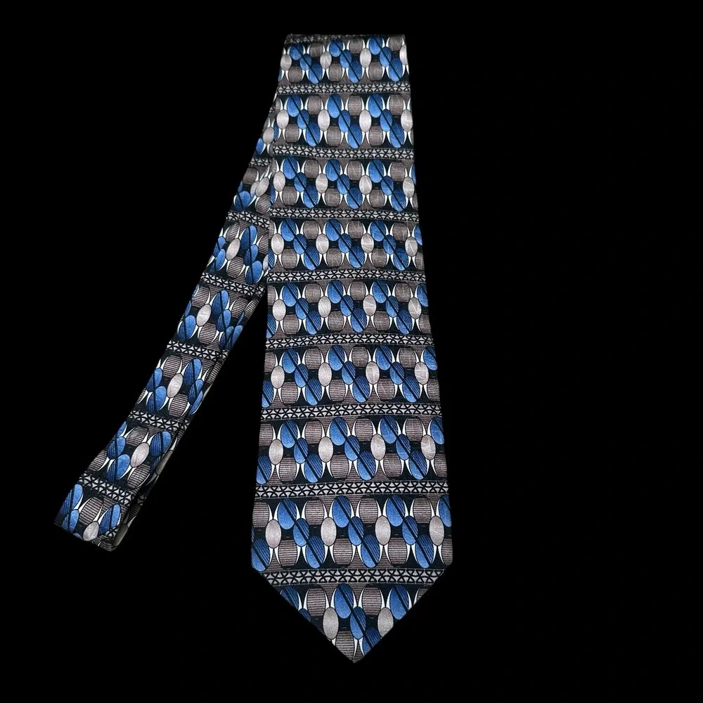 Pierre Balmain Couture Mens Silk Tie Blue Brown Geometric Abstract Pattern